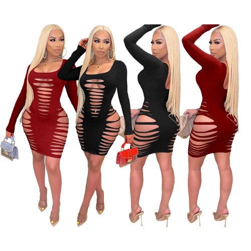 SH7280 European and American Women's Amazon Foreign Trade New Sexy and Stylish Ripped Nightclub Formal Dress with Long Sleeves