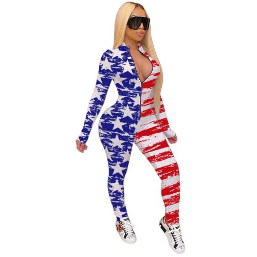 SH7178 European and American Women's Amazon Cross-Border Foreign Trade New Sexy and Stylish Zipper Bodycon Floral Jumpsuit