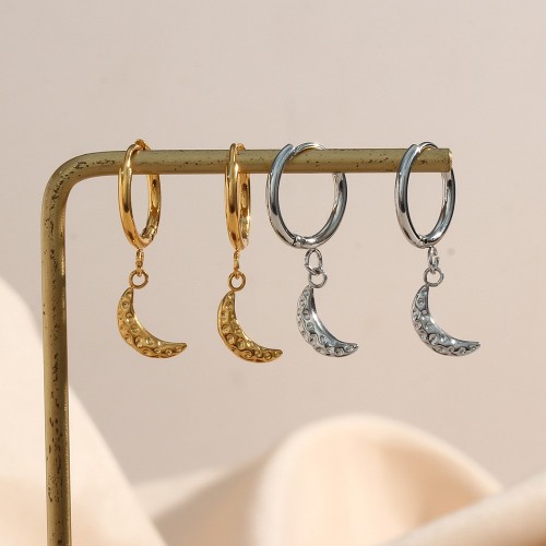 European and American Cross-Border Trendy Accessories for Women, Stainless Steel Electroplated with 18K Gold Irregular Surface Moon Pendant Earrings