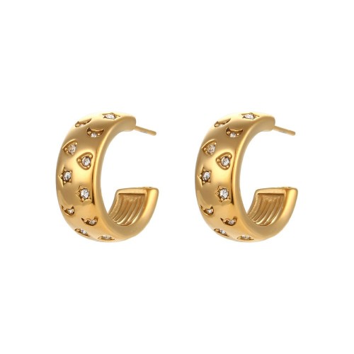 European and American Fashionable C-Shaped Earrings with Zircon, Stainless Steel 18K Gold-Plated Heart, Star, and Moon Zircon Earrings