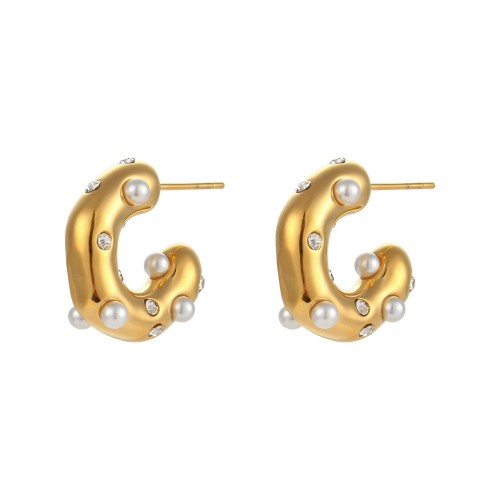 European and American INS Fashionable Earrings: Stainless Steel 18K Gold-Plated C-Shaped Earrings with Zircon and Pearl Inlay