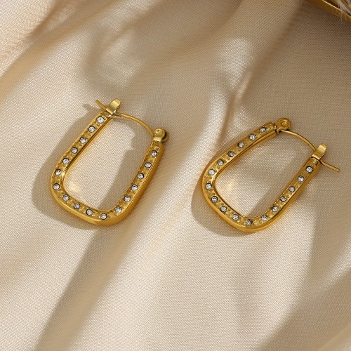 European and American INS Fashionable Simple Luxurious Earrings: Stainless Steel 18K Gold-Plated Hollow Zircon Trapezoidal Ear Hoops