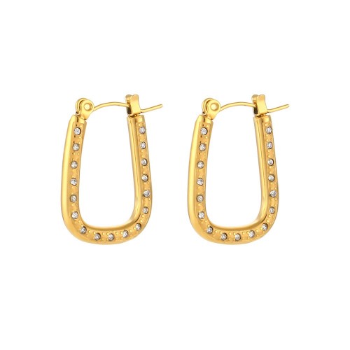 European and American INS Fashionable Simple Luxurious Earrings: Stainless Steel 18K Gold-Plated Hollow Zircon Trapezoidal Ear Hoops