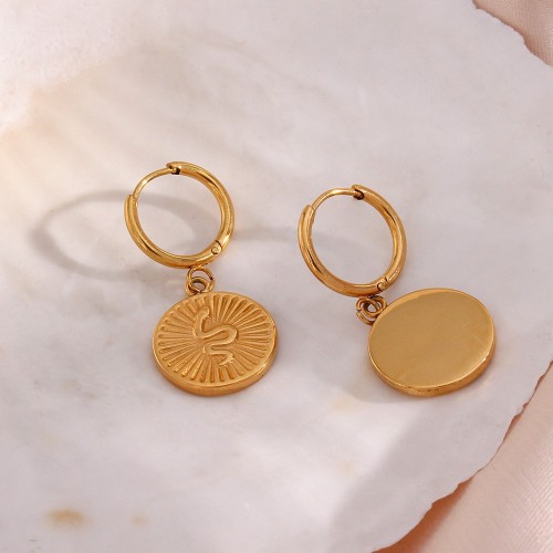 European and American INS Fashionable Personalized Simple Carved Ear Hoop Jewelry: Stainless Steel 18K Gold-Plated Snake Coin Pendant Earrings