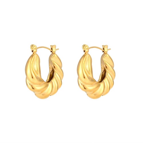 European and American INS Fashionable U-Shaped Ear Hoops with Large Textured Design: Stainless Steel 18K Gold-Plated Twisted Braided Earrings