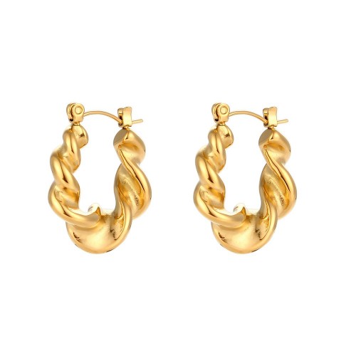 European and American INS Fashionable U-Shaped Ear Hoops with Large Textured Design: Stainless Steel 18K Gold-Plated Twisted Braided Earrings