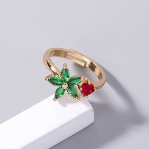 European and American Trendy Golden 5-Petal Flower Hand-Set Zircon Open Ring: Fresh Summer Colorful Rings for Womens Accessories