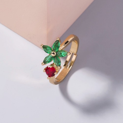 European and American Trendy Golden 5-Petal Flower Hand-Set Zircon Open Ring: Fresh Summer Colorful Rings for Womens Accessories
