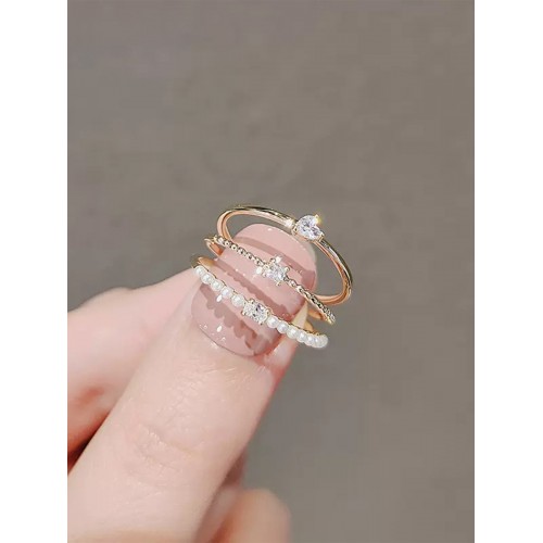 Simple and Stylish Three-Piece Set: High-End Copper Micro-Inlaid Sparkling Zircon Adjustable Open Ring for Women