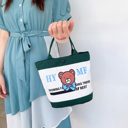 Canvas Women&#039;s Bag 2023 New Trend Color Blocking Student Lunch Box Cute Cartoon Large Capacity Printed Handbag