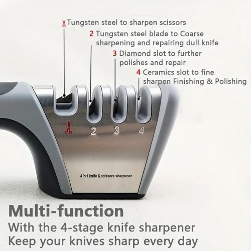 1pc 4 In 1 Professional Knife Sharpener, Easy To Use, Sharpen Quickly And Multi-functional, Suitable For Kitchen Scissors, Chef Knives And Outdoor Knives With Non-slip Handle