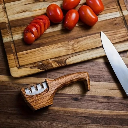 1pc, Knife Sharpener, 3-stage Knife Sharpeners For Kitchen Knives, Multifunctional Portable Knife Sharpener For Kitchen Outdoor Camping, Wooden Kitchen Knife Sharpener With Handle, Household Sharpening Stone, Kitchen Gadget