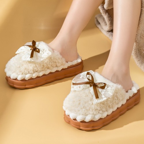 Furry Slippers EVA Home Korean Style Simple Bow Rabbit Fur Warm Cotton Slippers for Couples, Indoor Cotton Slippers