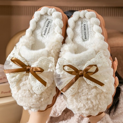 Furry Slippers EVA Home Korean Style Simple Bow Rabbit Fur Warm Cotton Slippers for Couples, Indoor Cotton Slippers