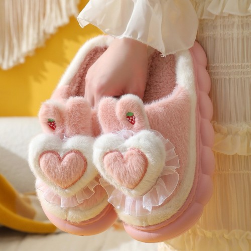 New Furry Cotton Slippers for Autumn and Winter with Thick Soles, Peach Heart Home Warm Indoor Soft Bottom Outdoor Cotton Slippers for Women Wholesale
