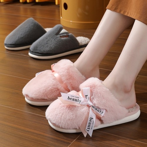 New 2023 Cotton Slippers for Women in Autumn and Winter, Cute Bow for Outdoor Wear, Warm Furry Cotton Slippers for Women Wholesale