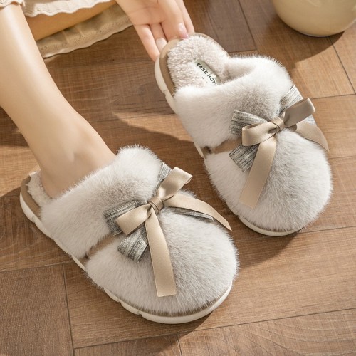 New Style Autumn and Winter Home Warm Anti-Slip Thick-Soled Furry Cotton Slippers with Bow Cotton Slippers for Women Wholesale