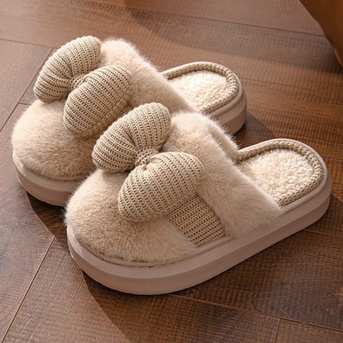 New Autumn and Winter Home Cotton Slippers for Women, Bow Tie, Thickened Furry Warm Anti-Slip Cotton Slippers for Couples in Winter Wholesale