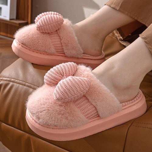 New Autumn and Winter Home Cotton Slippers for Women, Bow Tie, Thickened Furry Warm Anti-Slip Cotton Slippers for Couples in Winter Wholesale