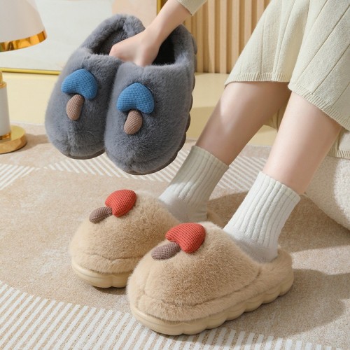 Plush Slippers with Thick Soles for Winter, Cute Mushroom Cotton Slippers for Women Wholesale, Couples&#039; Indoor Anti-Slip Parent-Child Cartoon Slippers
