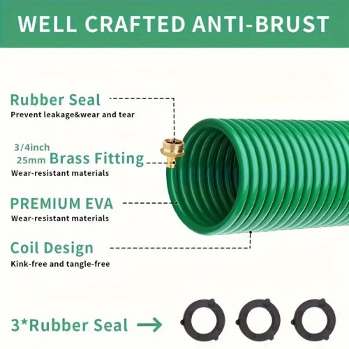 1pc Coil Garden Hose EVA Recoil Garden Hose Self-Coiling Water Hose With 3/4" Connector Fittings With 10 Function Spray Nozzle Curly Recoil Hoses Retractable, Lightweight And No Kink Watering Hose For Boat, Greenhouse, Yard, Patio, 50ft