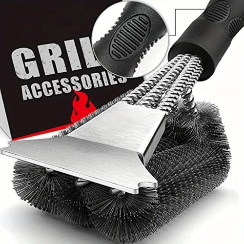 1pc Grill Brush And Scraper, Extra Strong BBQ Cleaner Accessories, Safe Wire Bristles 18" Barbecue Triple Scrubbers Cleaning Brush For Gas/Charcoal Grilling Grates, Wizard Tool, School Supplies, Back To School