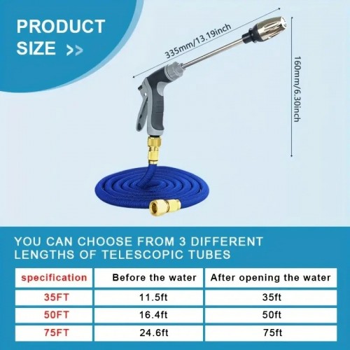 1pc, 3 Times Retractable Garden Hose Set With 3 Function High-pressure Water Gun, Suitable For Car Washing, Watering Flowers, Garden Irrigation, Cleaning, Etc., Size 35FT/50FT/75FT