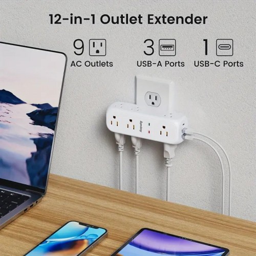 9 AC Outlets & 3 USB Wall Charger: 360° Rotating Plug Outlet Extender With Surge Protector - 4-Sided Swivel Wall Plug Extender For Home, Office & Travel