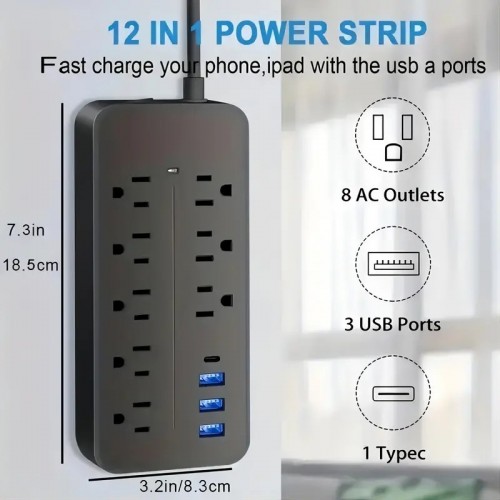 Black/White Power Strip, Surge Protector With 8 AC Outlets And 3 USB And 1 Type-C Port, Flat Plug With Angle
