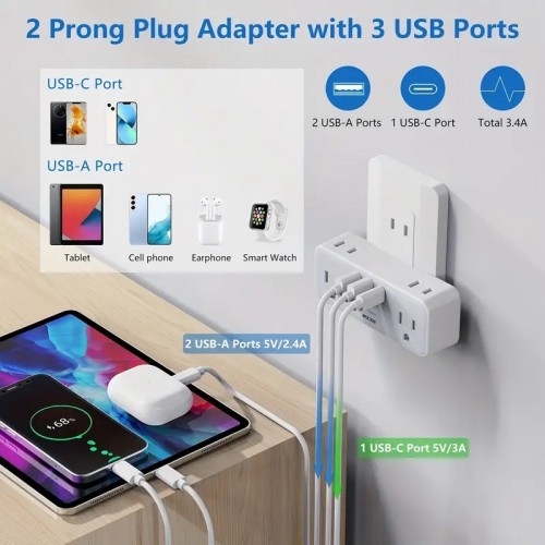 1pc US Plug Wall Socket With 2 USB 1 Type-C Charging Ports, Socket Extension, Surge Protection 6 Outlets Wall Charger With Hidden Plug, Travel Plug Adapter, America Japan China Mexico (Type A Plug)