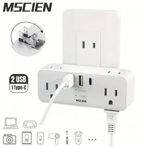 1pc US Plug Wall Socket With 2 USB 1 Type-C Charging Ports, Socket Extension, Surge Protection 6 Outlets Wall Charger With Hidden Plug, Travel Plug Adapter, America Japan China Mexico (Type A Plug)