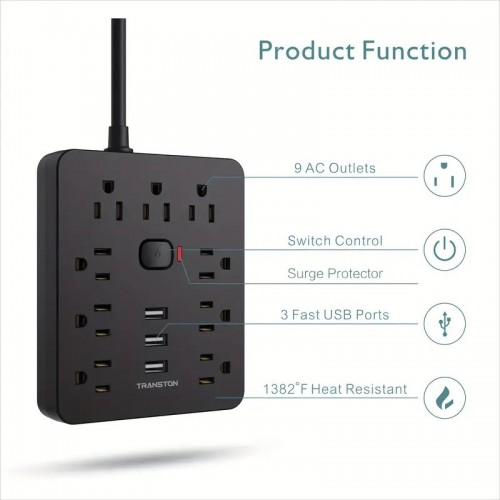 9 Outlets + 3 USB Ports, Fireproof Surge Protector Power Strip With 5ft Extension Cord, Wall Mountable Desktop Charging Station For Home & Office