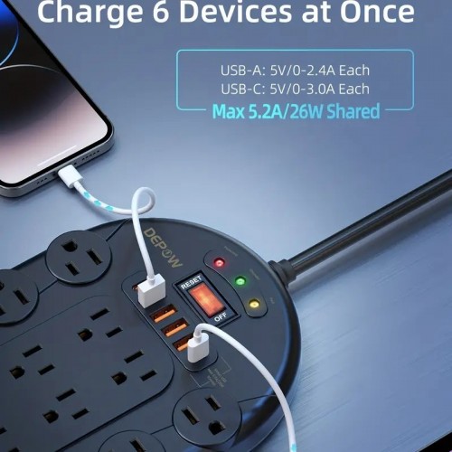 DEPOW 24 AC Multiple Outlets (1875W/15A) With 6 USBs (2 USB-C Ports), Power Strip Surge Protector (3,400 Joules), 8 Ft Long Heavy Duty Extension Cord, Flat Plug, Wall Mount For Home, Office, Black