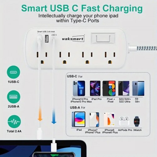 Waksmart Surge Protector Power Strip 15 Feet 8 AC Outlets 3 USB (1 USB C) 1080 Joules Long Braided Cord Wall Mountable For Home Office College Dorm 13A 1625W ETL Listed