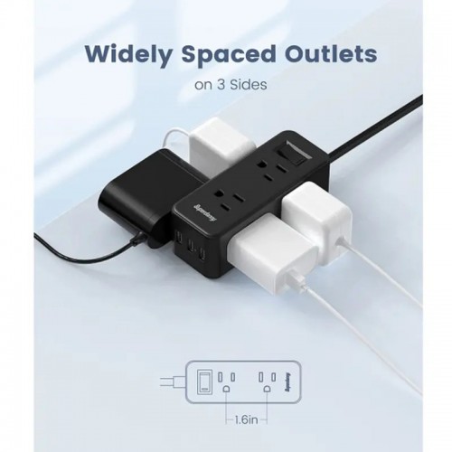 SUPERDANNY Mini Desktop Power Strip With Widely 6 Outlets 3 USB Ports With 5 Ft Extension Cord For Home,Office,Travel,Black---MDL: ECS-US028
