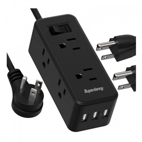 SUPERDANNY Mini Desktop Power Strip With Widely 6 Outlets 3 USB Ports With 5 Ft Extension Cord For Home,Office,Travel,Black---MDL: ECS-US028