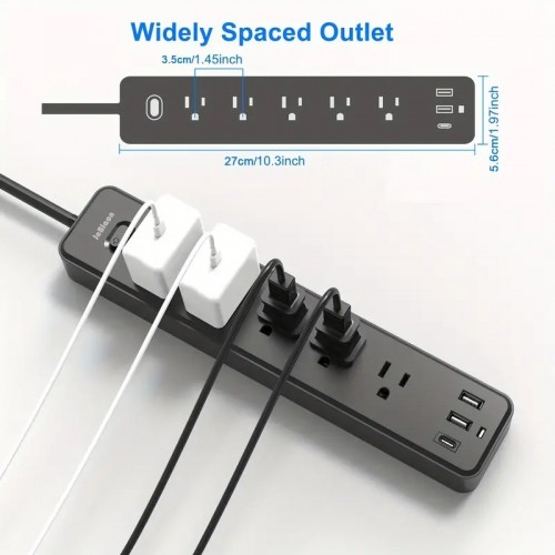 2 Pack Power Strip Surge Protector - 5 Widely Spaced Outlets 3 USB Ports(1 USB C Port), 1250W/10A With 6Ft Extension Cord, Flat Plug, Overload Surge Protection, Wall Mount For Home Office,Black
