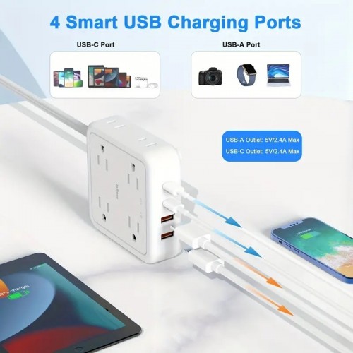 1pc 5 Ft Surge Protector Power Strip, 8 Widely Outlets With 4 USB Ports, 3 Side Outlet Extender With 6 Feet Extension Cord, Flat Plug, Wall Mount, Desk USB Charging Station