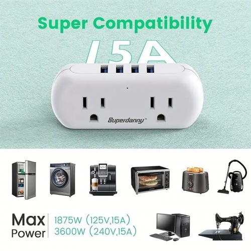 1pc Mini Multi-Plug Outlet Extender, SUPERDANNY 3 Prong To 2 Prong Wall Charger With 2 Wide-Spaced Outlets & 4 USB Ports, Mini Surge Protector Multiple Plug Splitter For Travel, Home, Office, Type A