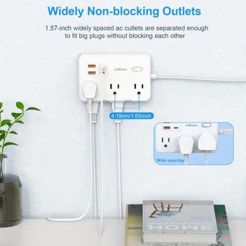 1pc Surge Protector Power Strip, 5Ft Flat Plug Extension Cord With Multiple Outlets, 6 Widely Outlet Extender And 4 USB Ports(2 USB C), Wall Mount For Home Office Dorm Room Essentials