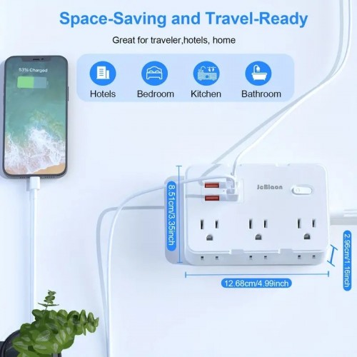 1pc Surge Protector Power Strip, 5Ft Flat Plug Extension Cord With Multiple Outlets, 6 Widely Outlet Extender And 4 USB Ports(2 USB C), Wall Mount For Home Office Dorm Room Essentials