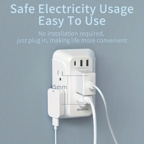 1pc US Standard USB Socket, Wireless Plug, One Turn Six Expansion Socket, 2 USB+1 Type-c, For Home Use, White (125V, 15A)