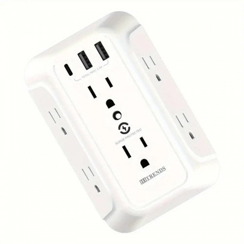 1pc US Standard USB Socket, Wireless Plug, One Turn Six Expansion Socket, 2 USB+1 Type-c, For Home Use, White (125V, 15A)