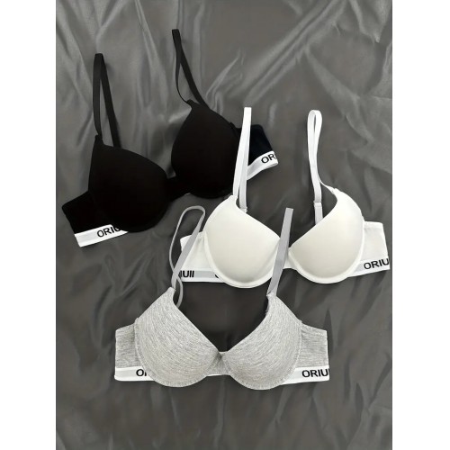 3pcs Letter Print Push Up Bras, Comfy & Breathable Intimates Bra, Women&#039;s Lingerie & Underwear