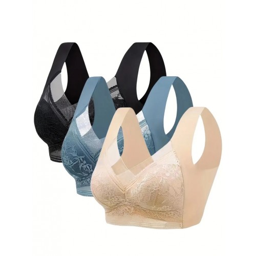 3pcs Contrast Lace Wireless Bras, Comfy & Breathable Full Coverage Bra, Women&#039;s Lingerie & Underwear