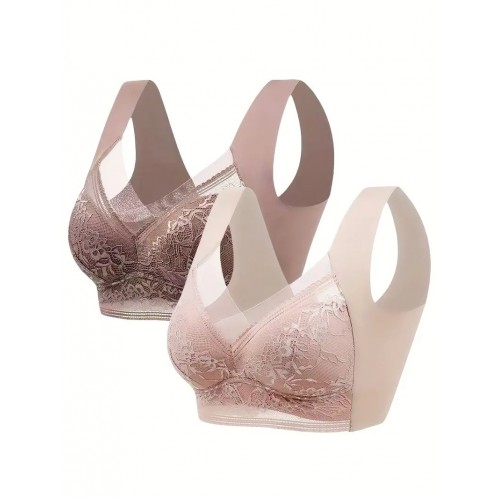 2pcs Floral Lace Stitching Wireless Bras, Comfy & Breathable Stretch Intimates Bra, Women&#039;s Lingerie & Underwear