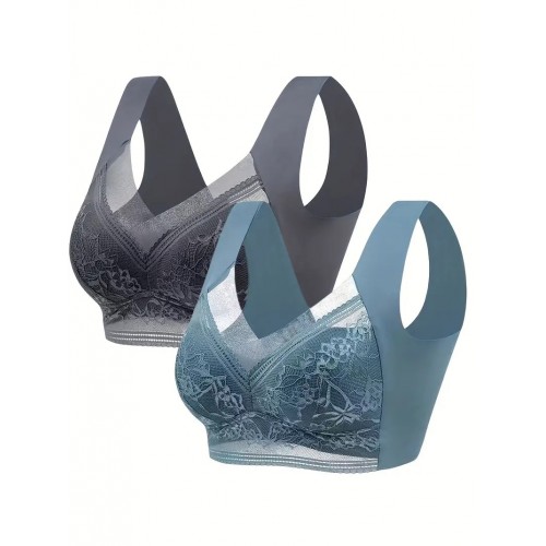2pcs Floral Lace Stitching Wireless Bras, Comfy & Breathable Stretch Intimates Bra, Women&#039;s Lingerie & Underwear