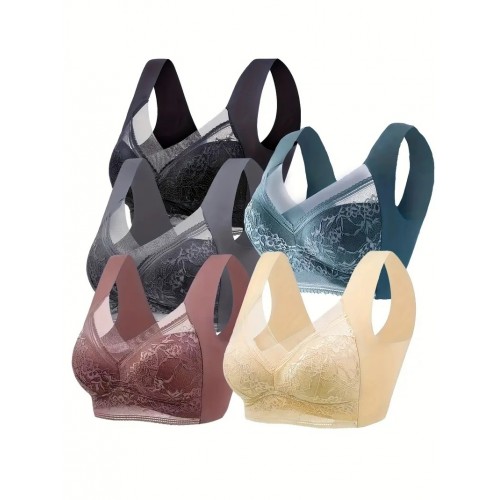 5pcs Contrast Lace Wireless Bras, Comfy & Breathable Push Up Bra, Women&#039;s Lingerie & Underwear