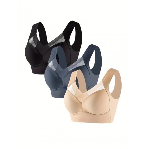 3pcs Contrast Mesh Wireless Bras, Comfy & Skin-friendly Everyday Intimates Bra, Women&#039;s Lingerie & Underwear