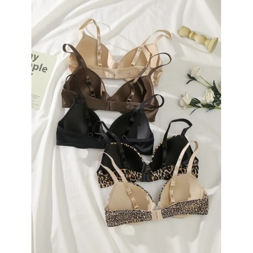 5pcs Leopard & Solid T-Shirt Bras, Comfy & Breathable Push Up Bra, Women&#039;s Lingerie & Underwear